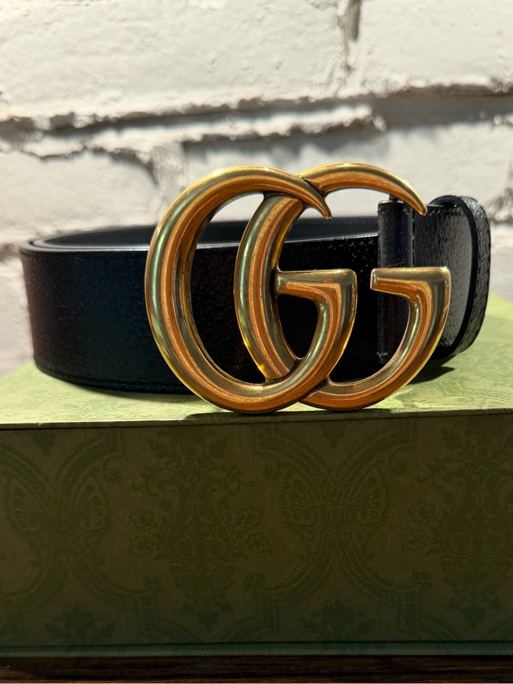 Gucci Black Leather Belt with Gold Double G Buckle